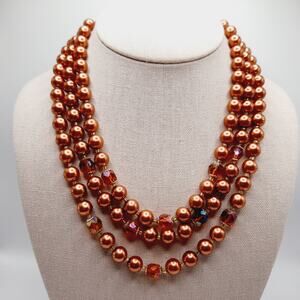 Vintage Japan 1950s Copper Pearl Necklace 3-Strand w/ Topaz Crystals, 18"